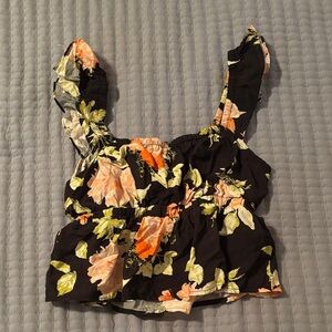 Magnolia Black Crop Top with Peach Floral & Green Leaves